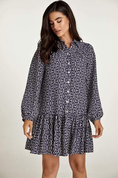 Vestido estampado con botones en azul marino y blanco - Image 3