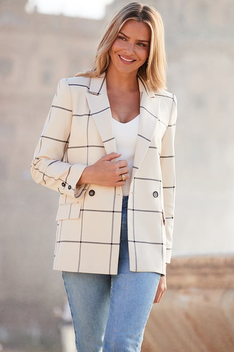 Ivory Check Double Breasted Longline Blazer