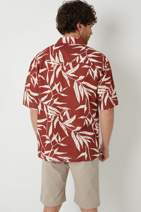Terracotta 'Bamba' Revere Collar Leaf Print Short Sleeve Shirt