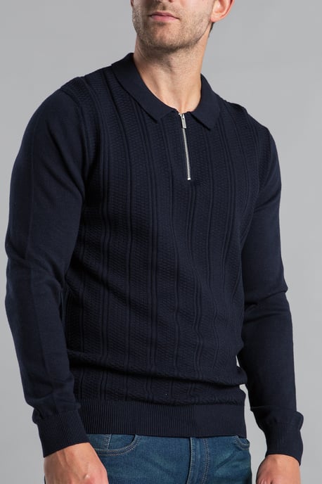Dark Navy Cotton Textured Knit Long Sleeve Polo