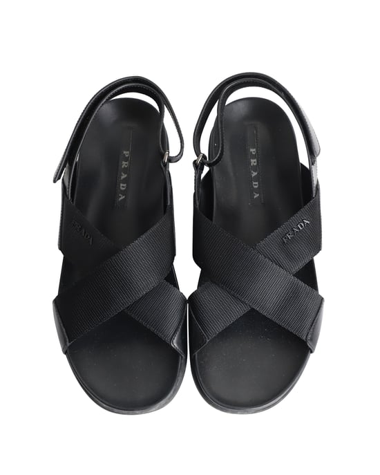 Prada Logo Strap Crisscross Sandals in Black Leather - Image 6