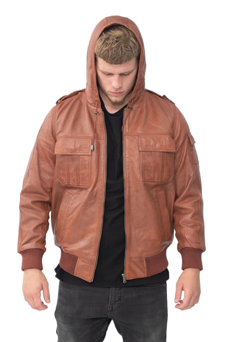 Mens Tan Leather Hooded Bomber Jacket - Tirana