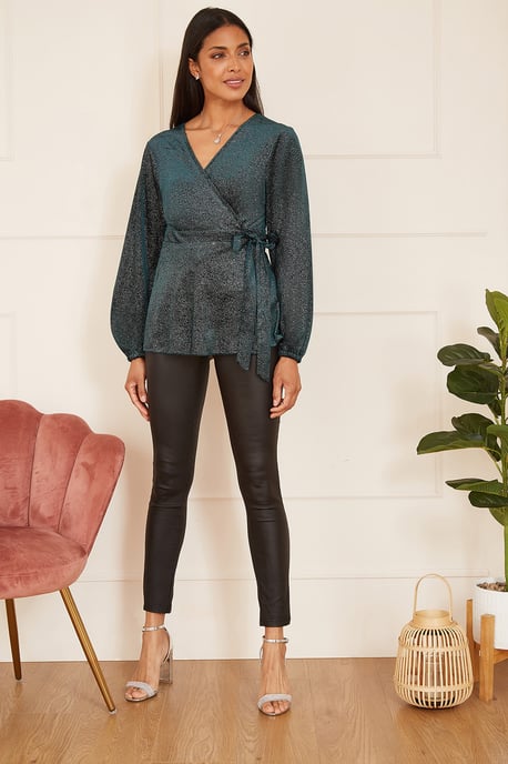 Green Sparkle Velvet Wrap Top With Long Sleeves