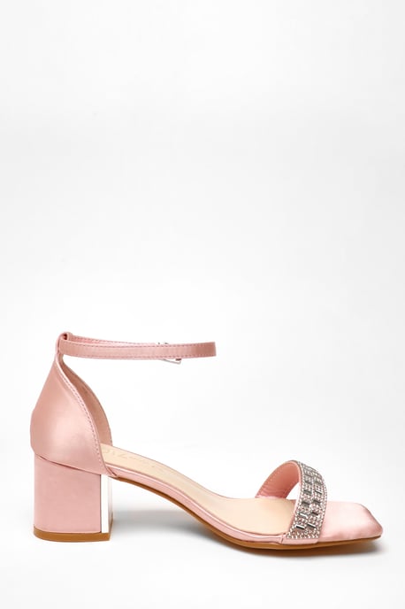 Wide Fit Pink Satin Diamante Low Block Heeled Sandals