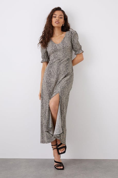 Petite Camel Spot V Neck Midi Dress