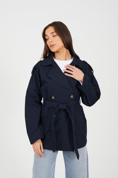 Navy Double Breasted Short Mac With Self Tie Belt