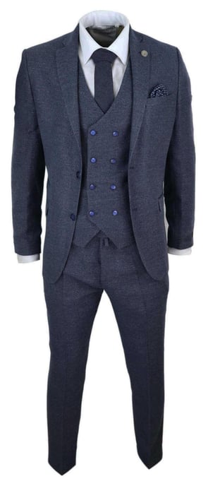 Mens Blue Wool 3 Piece Suit Double Breasted Waistcoat Tweed Peaky Blinders 1920s