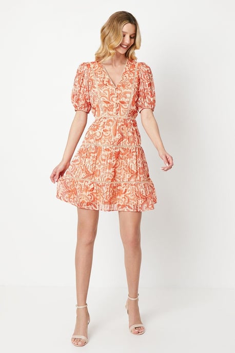 Paisley Burnout Chiffon Stripe Trim Mini Dress