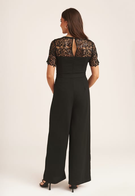 Black Floral Lace Sequin Belted Occasion