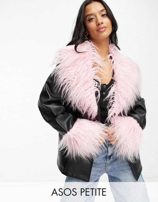 ASOS DESIGN Petite borg cuff faux leather jacket in black & pink