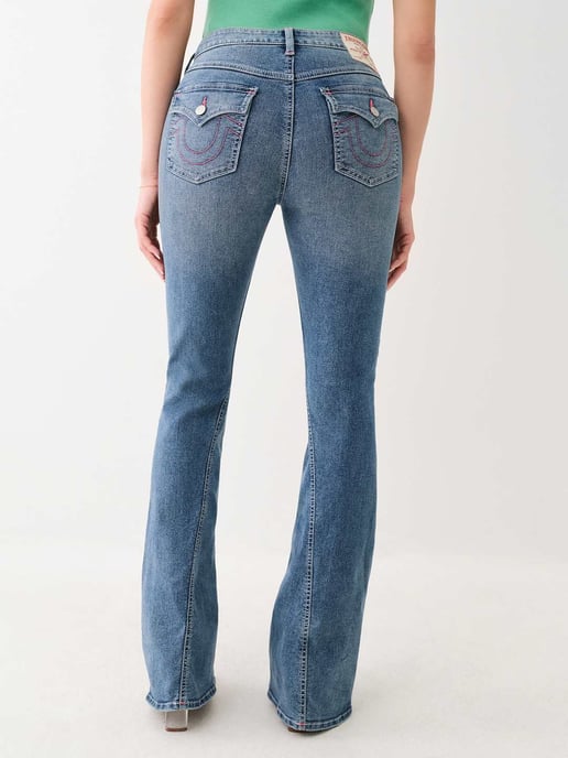 Joey Single Needle Mid Rise Flap Flare in Medium Sunkissed Wash