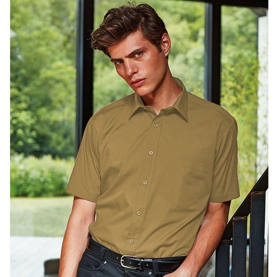 Premier Mens Short Sleeve Formal Poplin Plain Work Shirt (Khaki) - Image 2