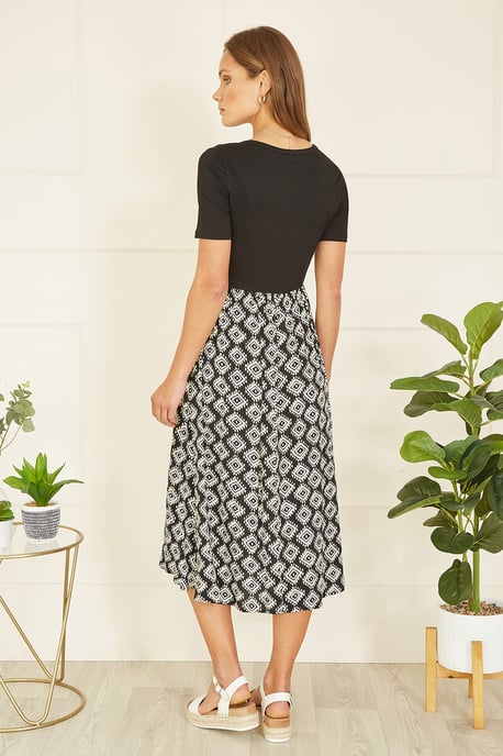 Black Jersey Stretch Top And Geo Skirt Midi Dress
