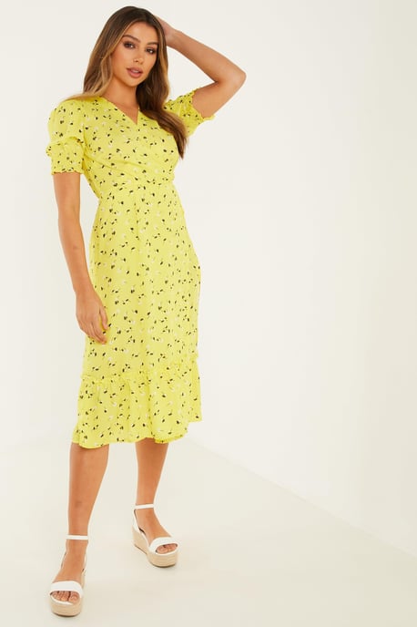 Yellow Floral Wrap Midi Dress
