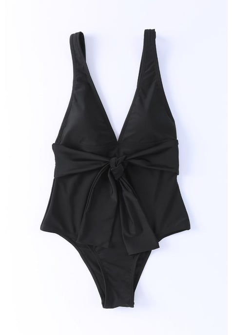Traje de Baño de Una Pieza para Mujer con Cintura Acordonada y Escote en V Profundo en Negro - Image 4