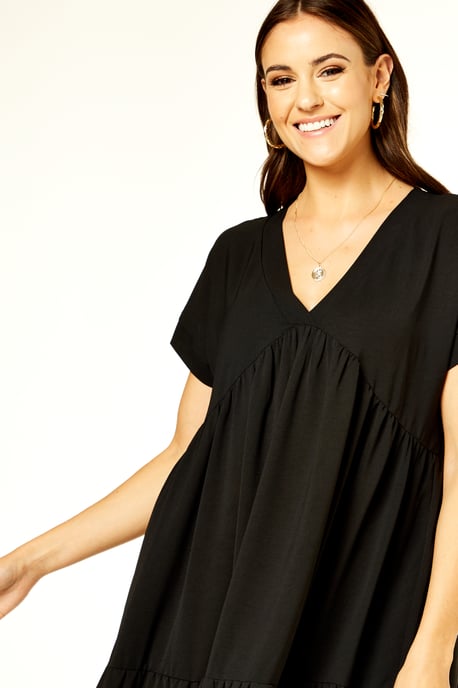 V Neck Tiered Midi Smock Dress