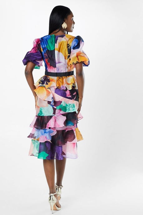 Floral Print Tiered Skirt Puff Sleeve Midi Dress
