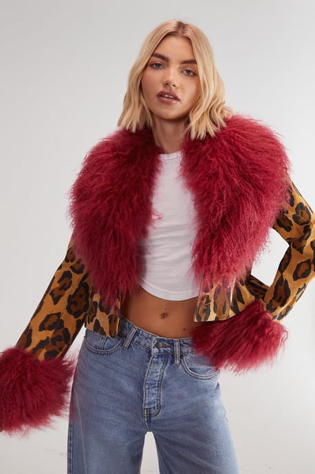 Limited Premium Leopard Suede and Shearling Short Coat