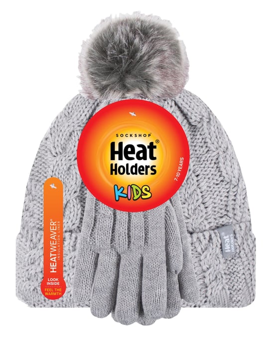 Heat Holders - Set de gorro y guantes para niña - Gorro con puño vuelto y guantes de punto estilo cable - Frost Grey Melange - Image 2