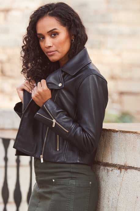 Black Pocket Detail Utility Leather Biker Jacket
