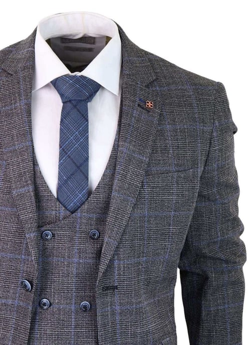Traje clásico vintage de tweed de 3 piezas para hombre, de cuadros grises y azules - Image 6