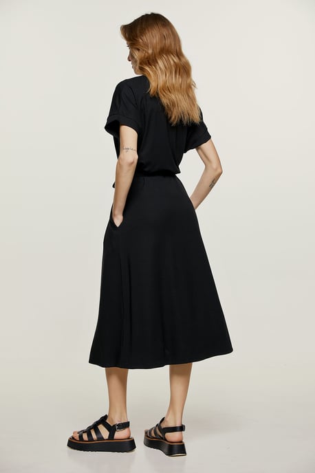 Black Jersey Belted Midi Dress
