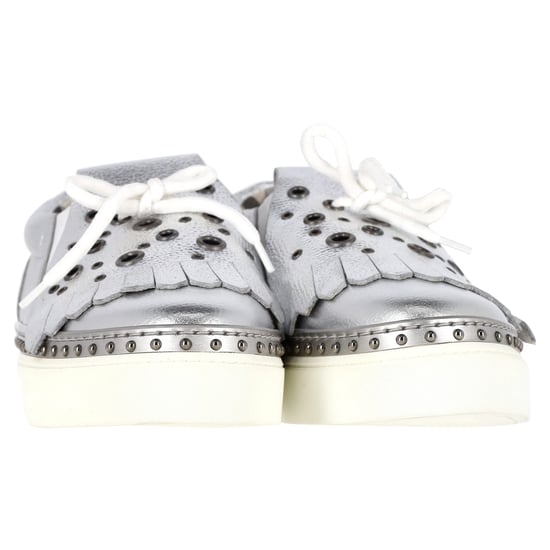 Burberry Kiltie Fringe Detail Slip On Sneakers Metallic Silver Leather - Image 3