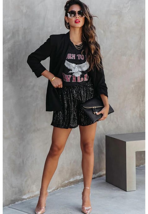 Pantalones cortos casuales de cintura alta con lentejuelas para mujer en negro - Image 1