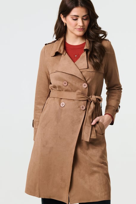 Brown Suede Tie Waist Button Front Trench Coat