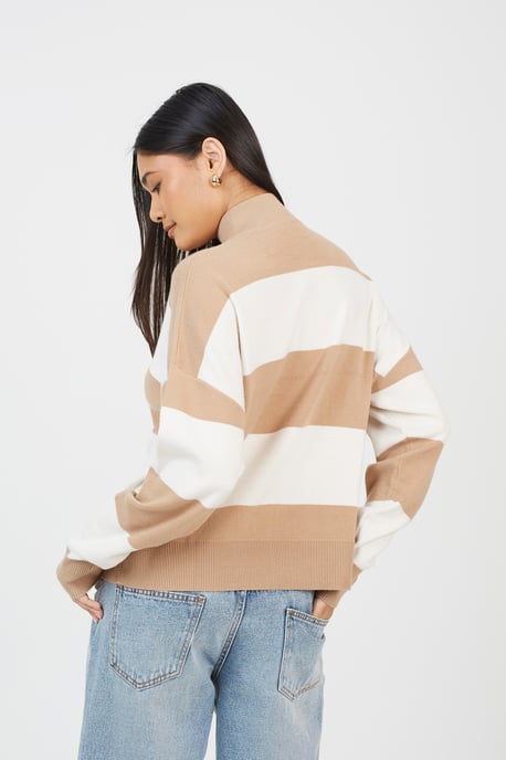 Camel Striped Half Zip Knitted Jumper