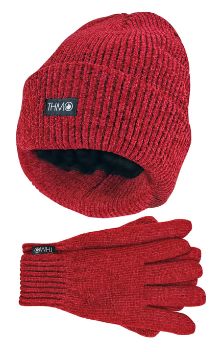 Ladies Thinsulate Hat and Gloves Set | THMO | Soft Chenille Ribbed Beanie Hat & Gloves for Women - Red - Image 1