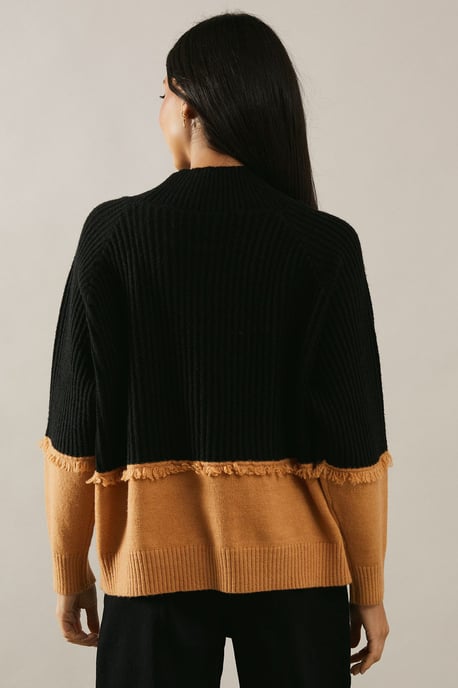 Colour Block Fringe Detail High Neck Jumper