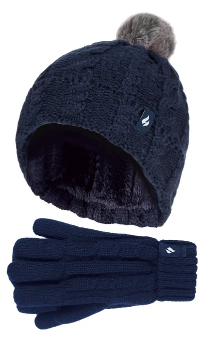 Heat Holders - Set de gorro y guantes para niña - Gorro con puño vuelto y guantes de punto estilo cable - Azul marino - Image 1