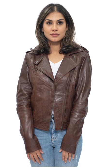 Womens Chestnut Leather Biker Jacket-Reynosa