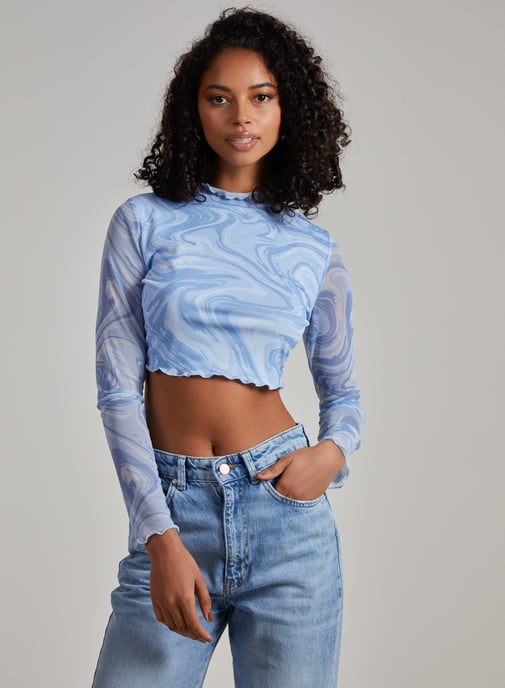 Marble Swirl Long Sleeve Mesh Crop Top