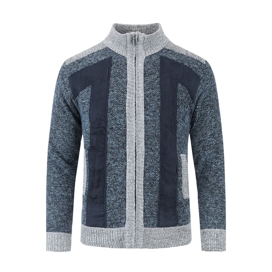 Men's Cardigan with Zip Stand-Up Collar Cardigan Chunky Knit Lined Jumper for Winter Blue