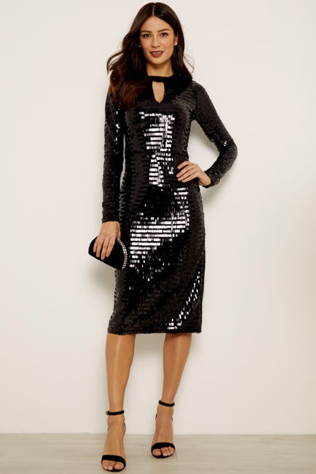 Black Sequin Cut Out Back Detail Dress