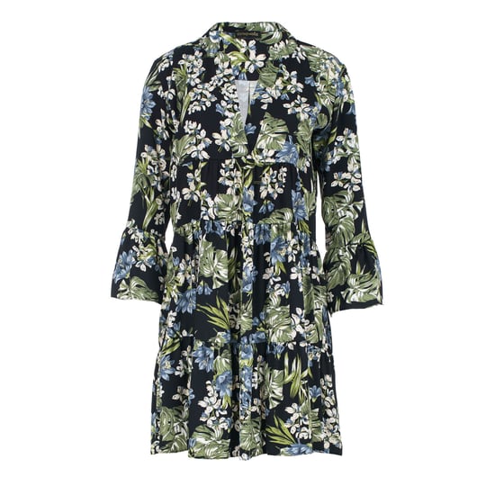 Vestido floral caqui, crudo y azul con mangas acampanadas - Image 2