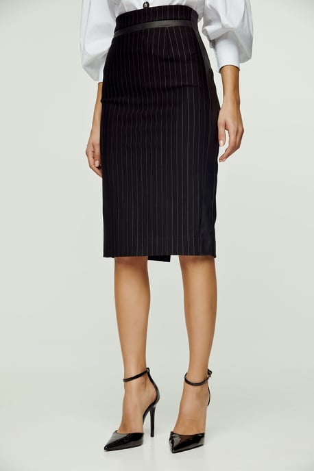 Striped Black Pencil Skirt with Leather Detail