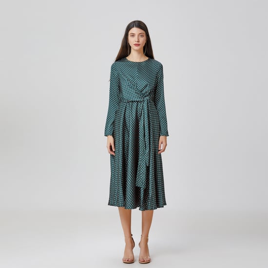 Flared printed satin dress with side knotted panel - Image 3