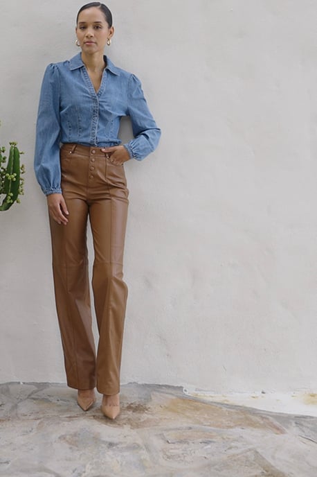 Tan Leather Button Front Wide Leg Trousers