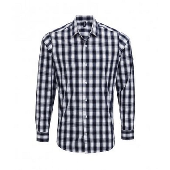 Premier Mens Mulligan Check Long Sleeve Shirt (White/Navy) - Image 1
