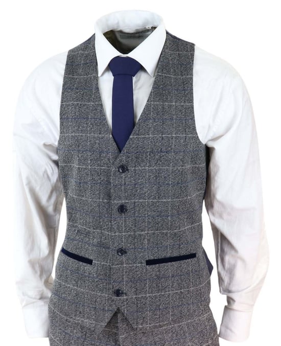 Traje clásico vintage de 3 piezas para hombre, gris y con cuadros azules - Image 4