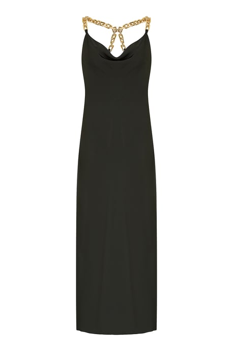 Mela Black Satin Cowl Neck Maxi Dress With Chain Straps