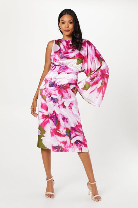 Printed Satin One Shoulder Wrap Skirt Midi Dress - Image 1