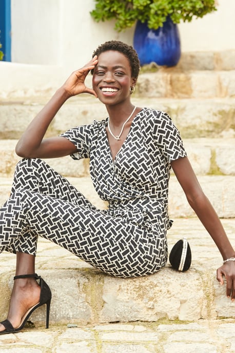 Black & White Geometric Print Wrap Front Jumpsuit