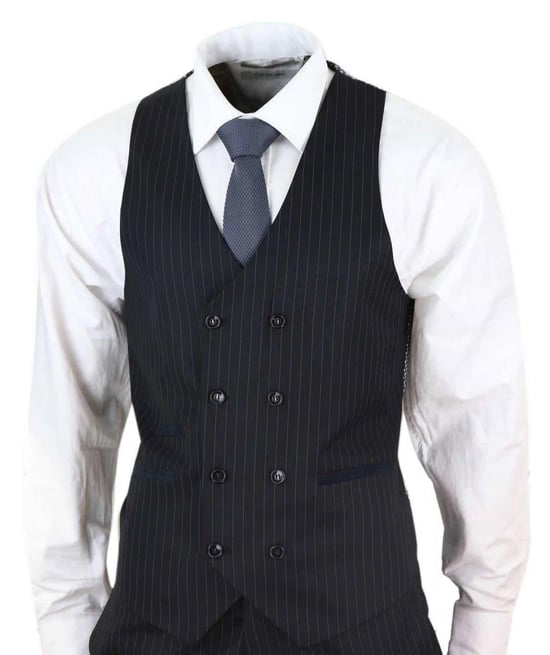 Traje retro de tres piezas de raya diplomática negra para hombre - Image 4