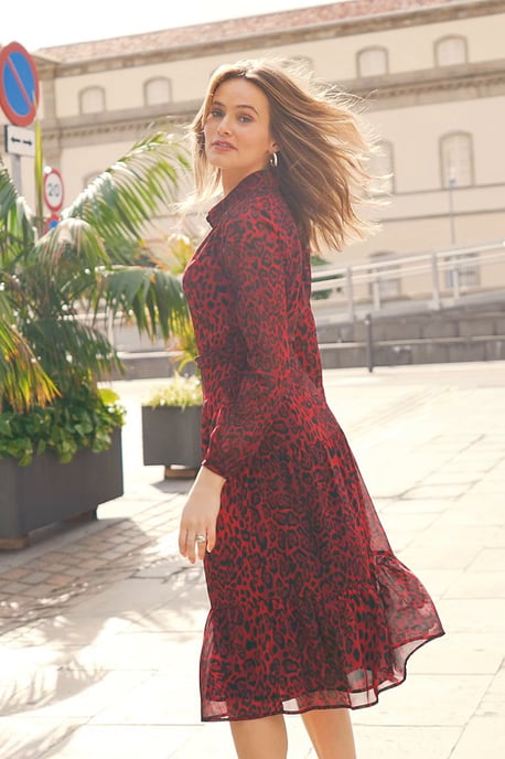 Red & Black Leopard Print Tiered Midi Shirt Dress