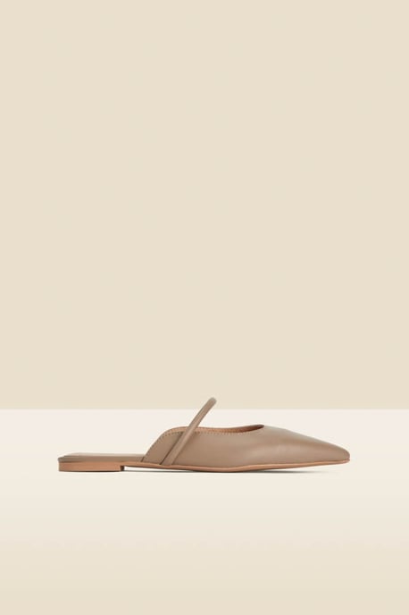Taupe Leather Pointed Toe Strap Detail Flat Mules