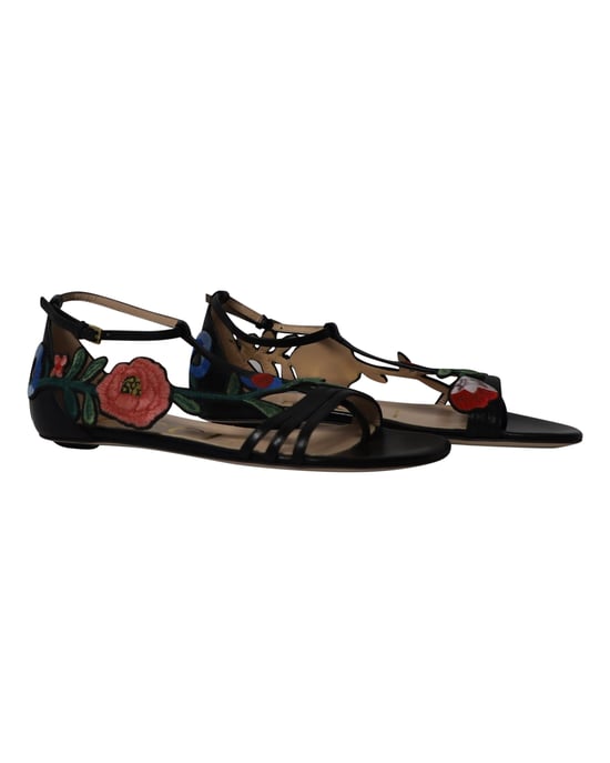 Gucci Ophelia Floral-Embroidered Flat Sandals in Black Leather - Image 3